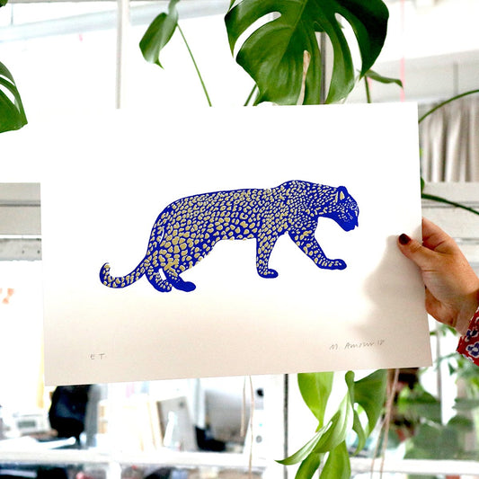 SILKSCREEN PRINT LEOPARD BLUE/GOLD